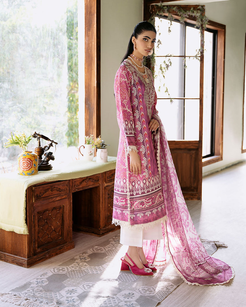 Roheenaz | Flora Printed Lawn | Amaranth - Riwayat-e-Khas