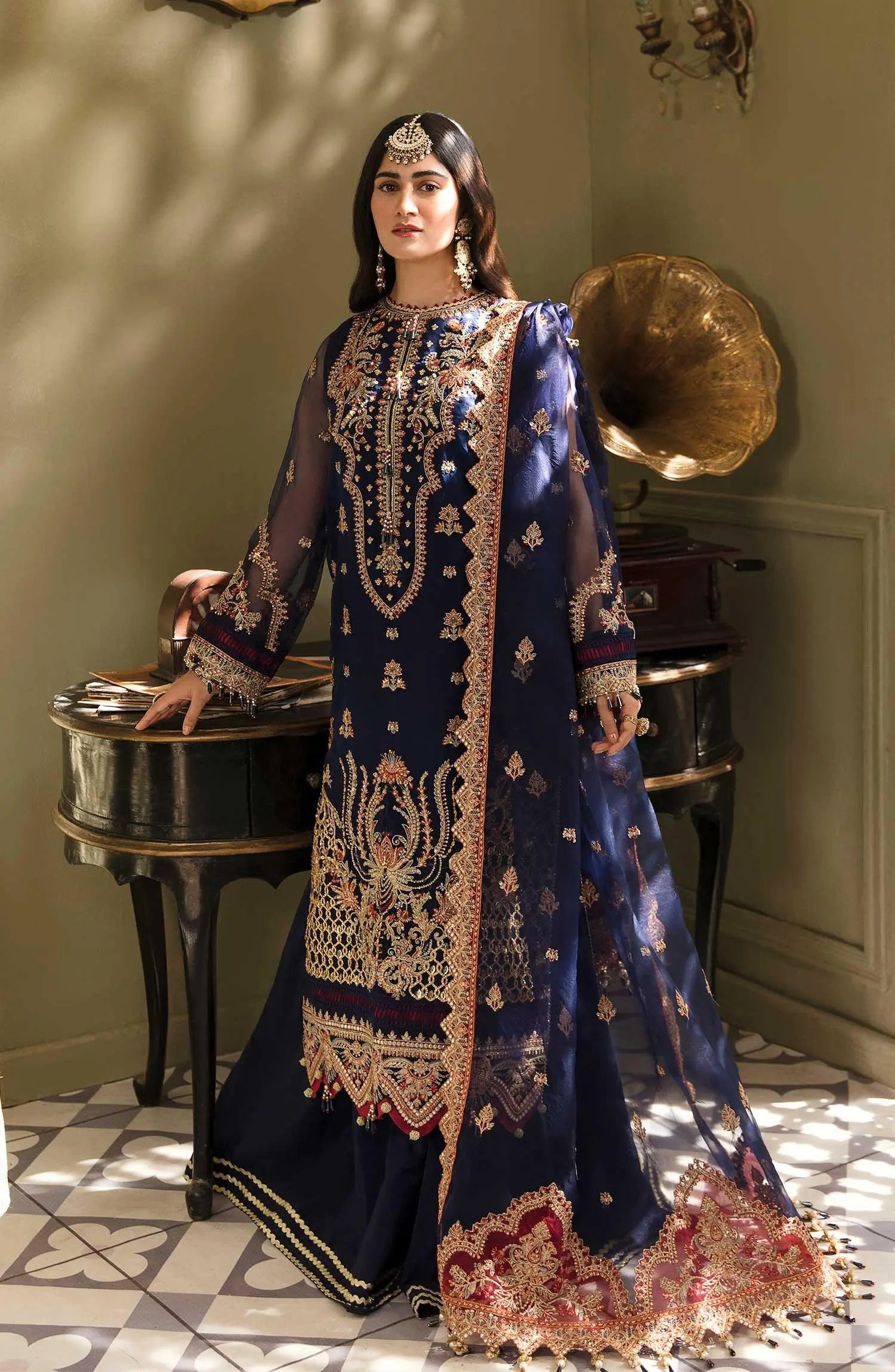 Zarin by Eleshia Embroidered Organza 3Pc Suit - SAARYA - House Of Anaya