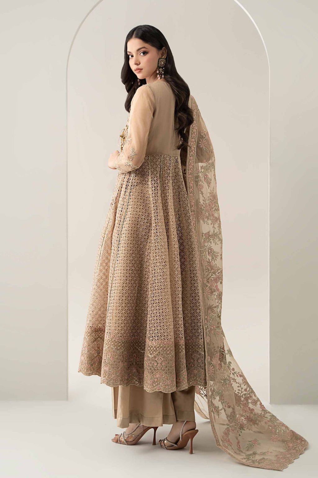Maria B | Pre Fall Dresses | 3 Piece Embroidered Organza Suit Beige