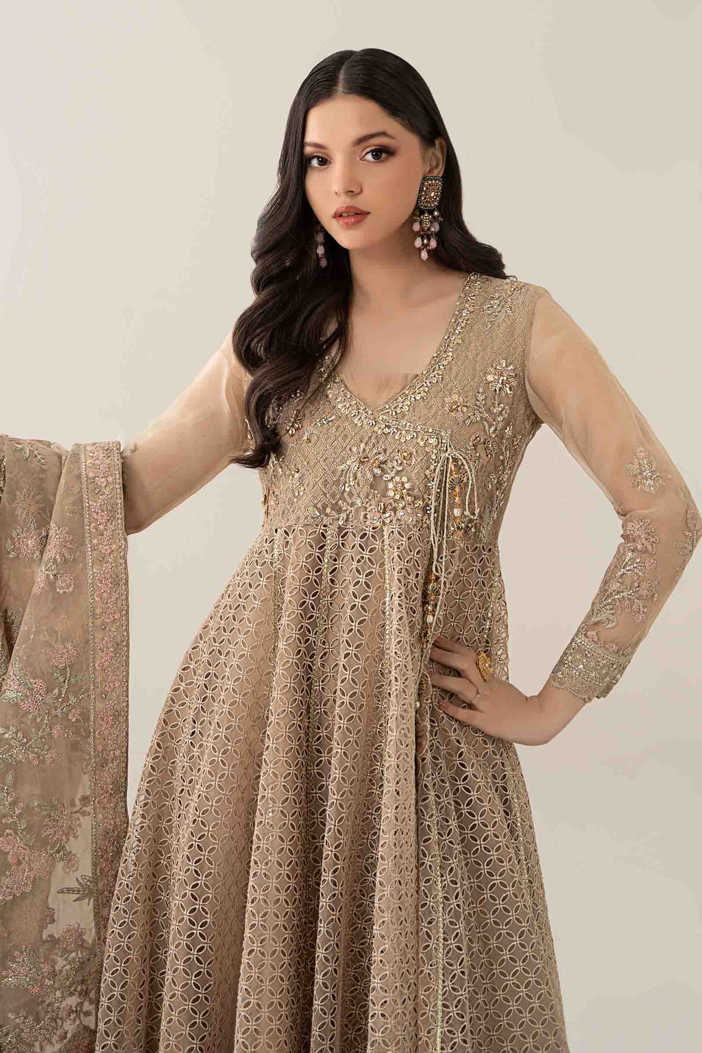 Maria B | Pre Fall Dresses | 3 Piece Embroidered Organza Suit Beige