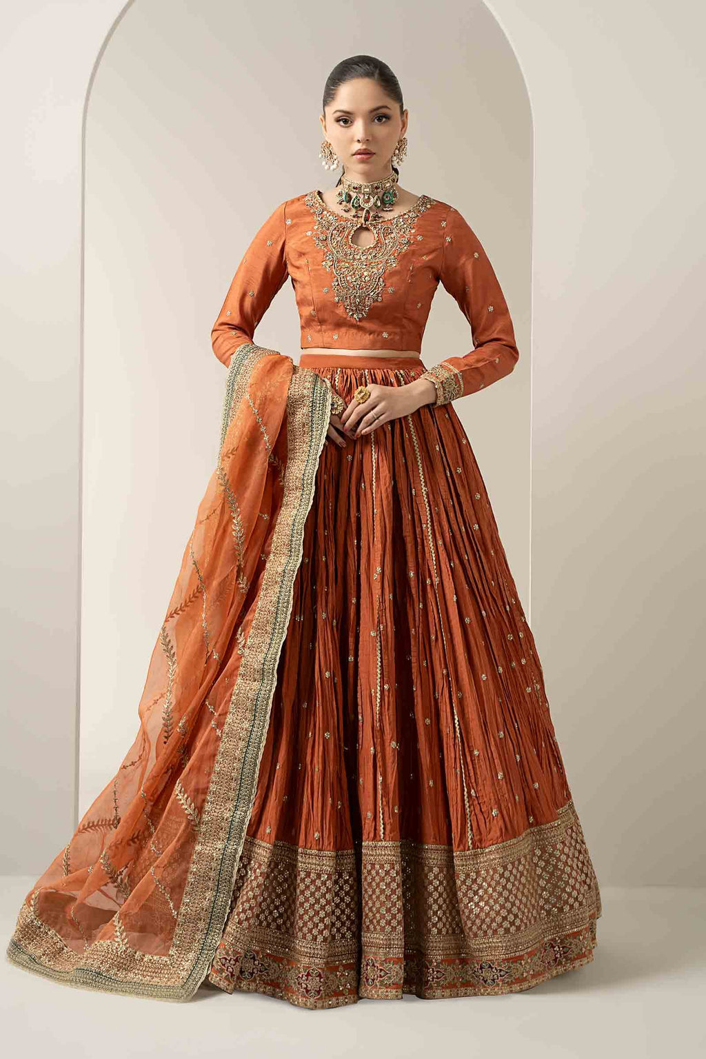 Maria B | Pre Fall Dresses | 3 Piece Embroidered Raw Silk Suit Rust