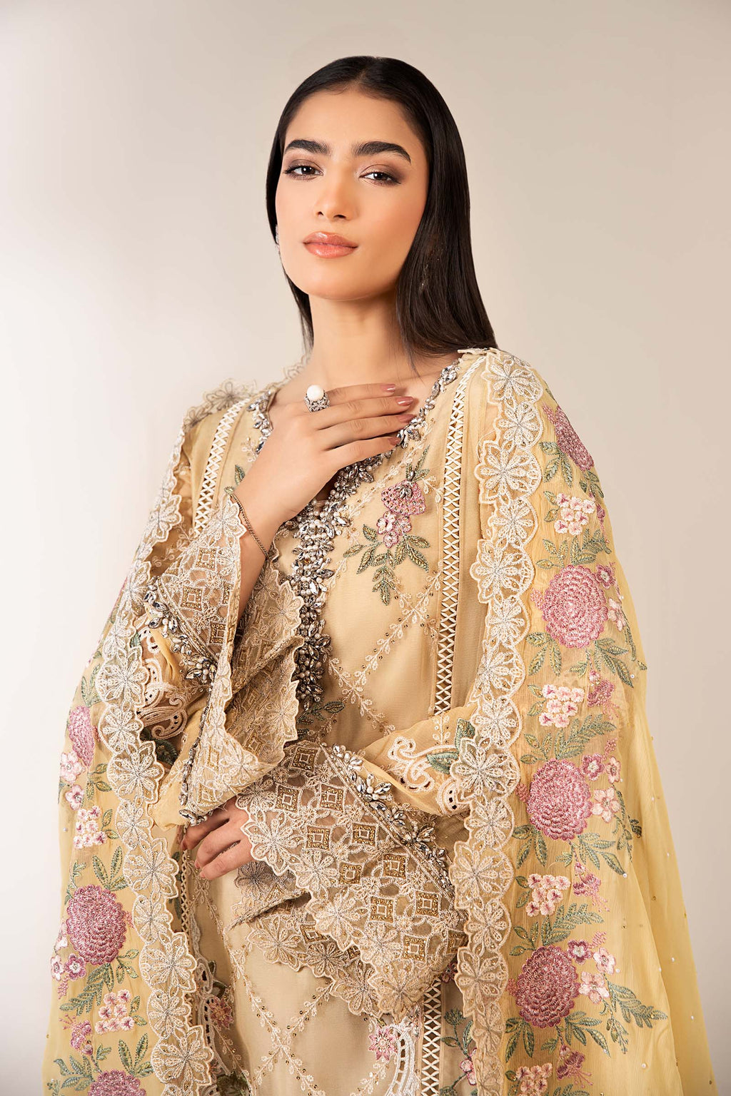 Maria B | Pre Fall Dresses | 3 Piece Embroidered Chiffon Suit Yellow