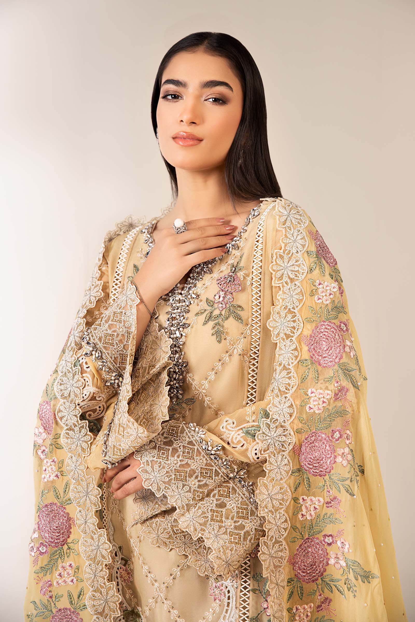 Maria B | Pre Fall Dresses | 3 Piece Embroidered Chiffon Suit Yellow