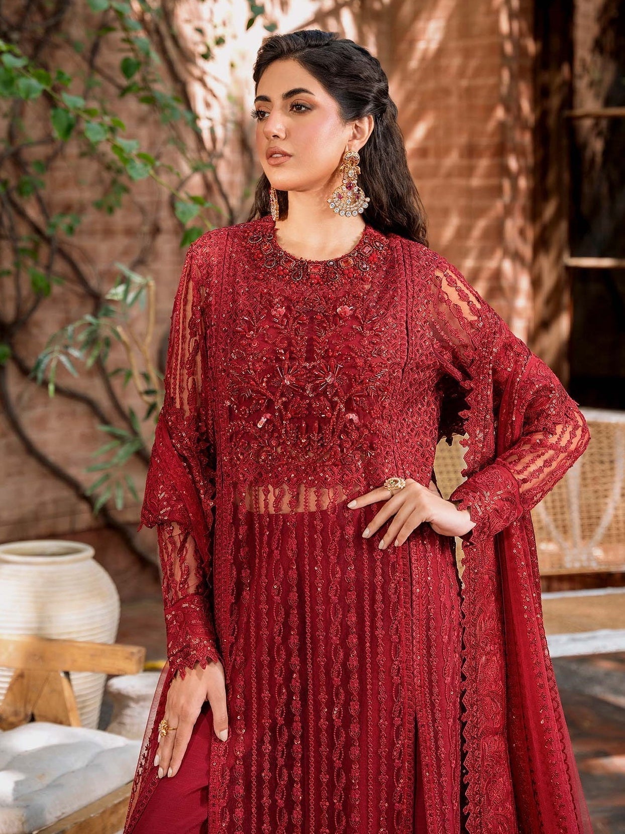 Akbar Aslam Mastani Embroidered Net 3Pc Suit - GUL MOHR - Riwayat-e-khas