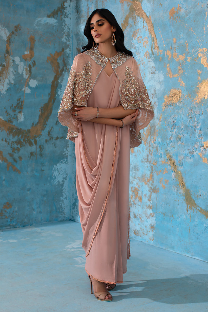 Wardha Saleem | Luxury Pret Fusion Wear | ROSALIE - FORMAL CAPE WITH DRAPE (2 PC) - Riwayat-e-Khas