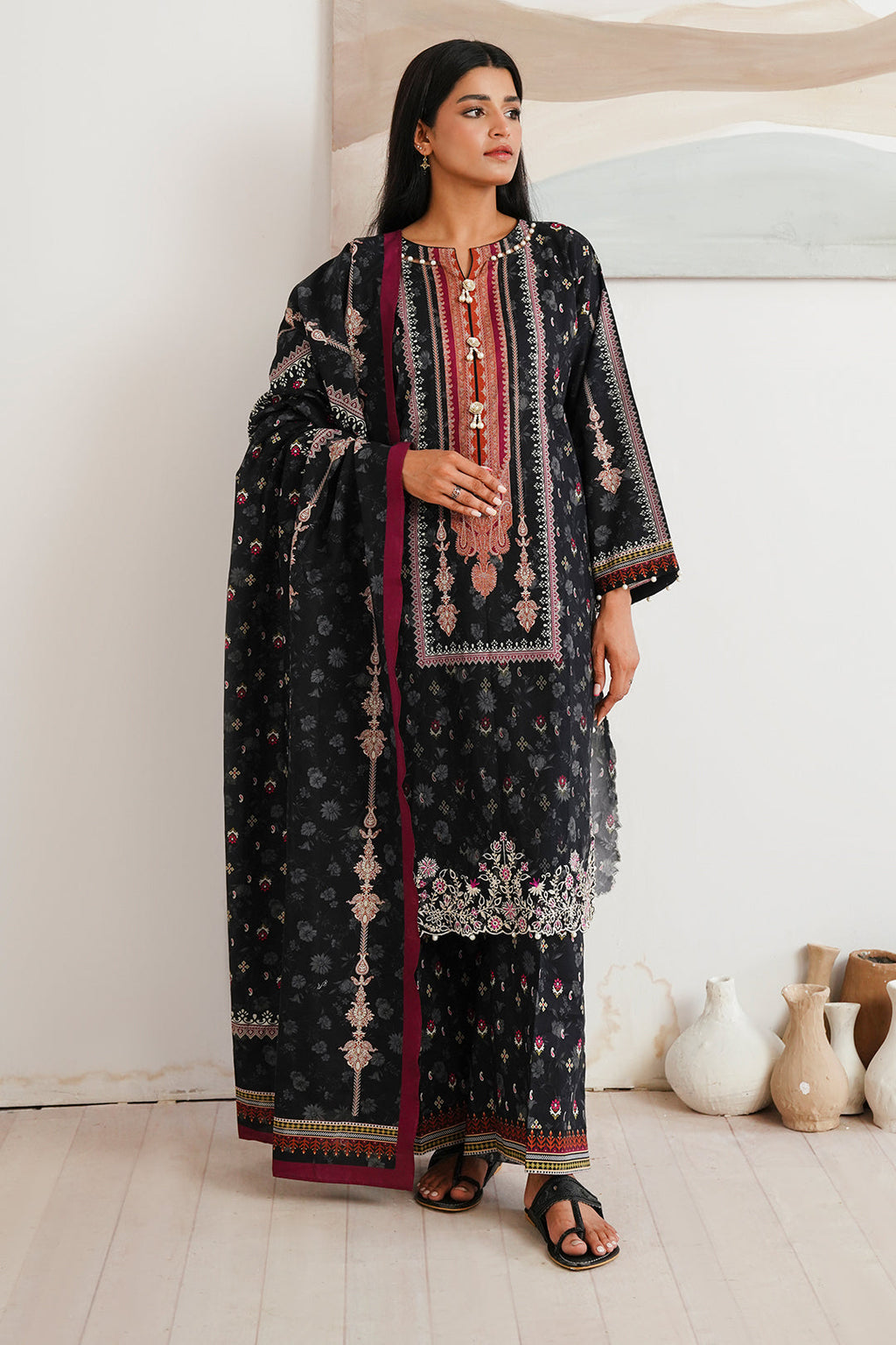 Zellbury | Unstitched 3 Piece Cambric | Embroidered Shirt Shalwar Dupatta - 0063 - Libasekhas