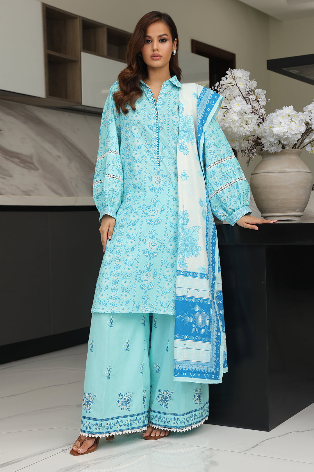 Zellbury | Unstitched 3 Piece Cambric | Embroidered Shirt Shalwar Dupatta - 0070 - Libasekhas