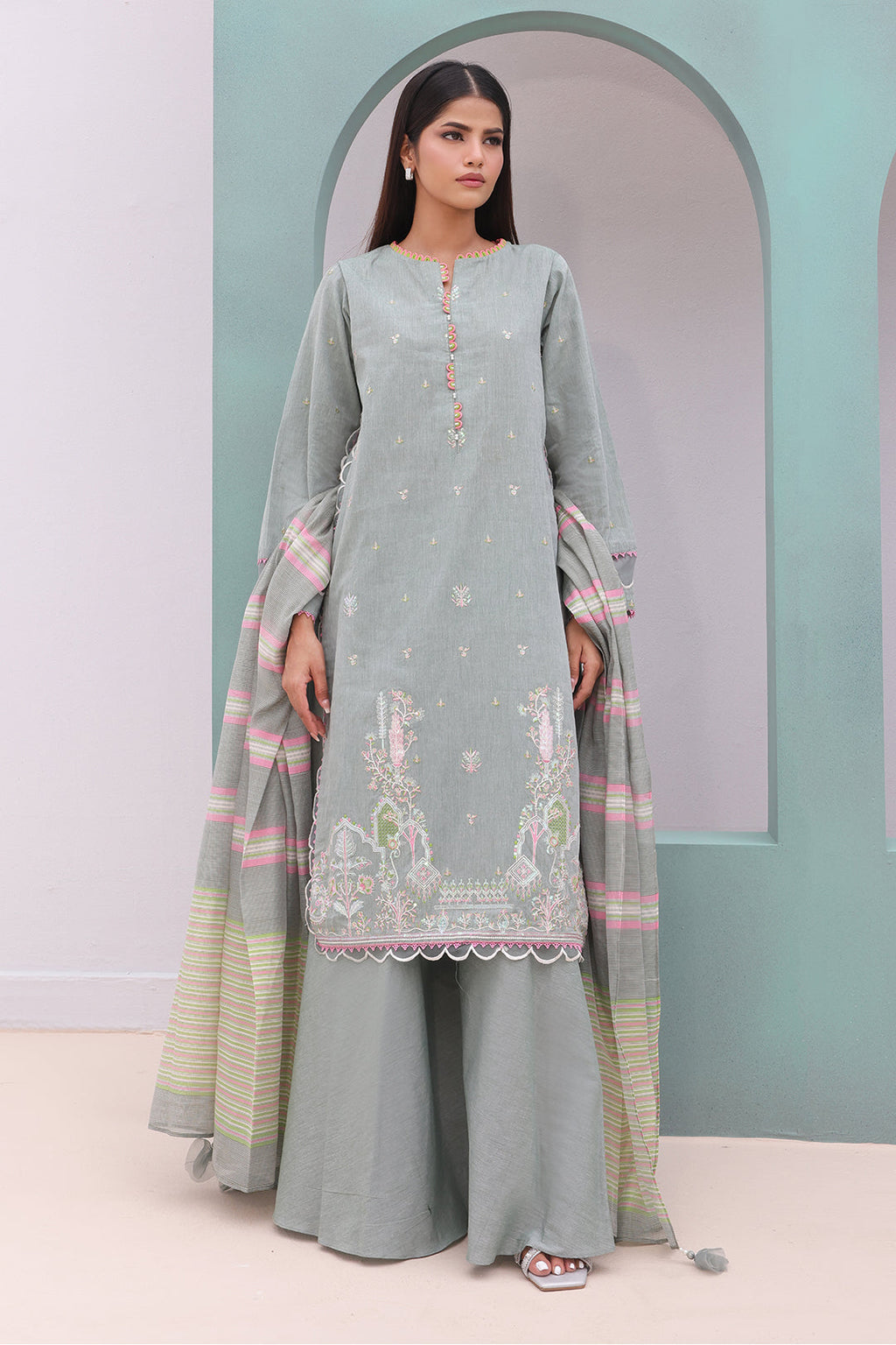 Zellbury | Unstitched 3 Piece Chambray | Embroidered Shirt Shalwar Dupatta - 0075 - Libasekhas