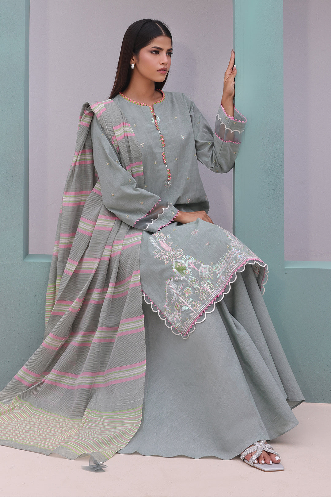 Zellbury | Unstitched 3 Piece Chambray | Embroidered Shirt Shalwar Dupatta - 0075 - Libasekhas