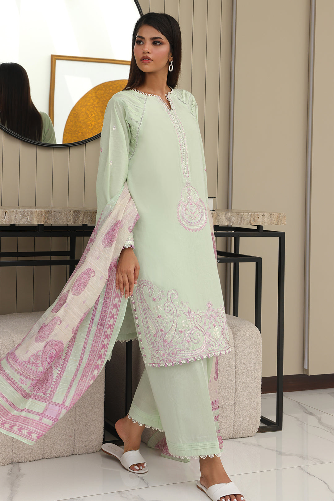 Zellbury | Unstitched 3 Piece Chambray | Embroidered Shirt Shalwar Dupatta - 0077 - Libasekhas