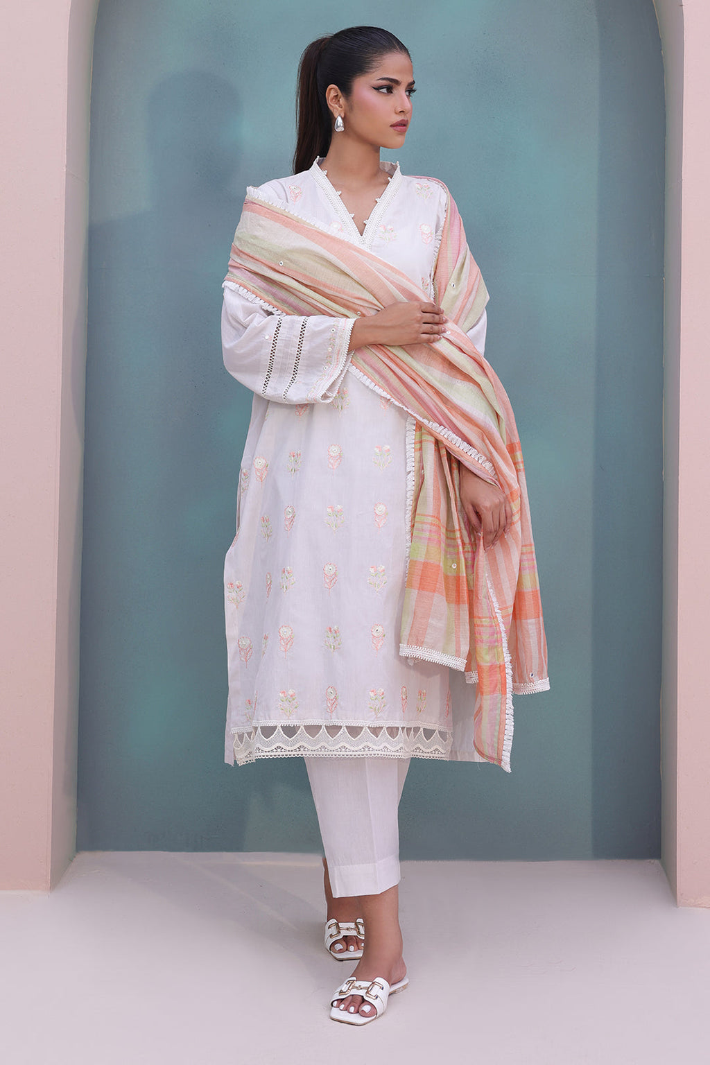 Zellbury | Unstitched 3 Piece Chambray | Embroidered Shirt Shalwar Dupatta - 0078 - Libasekhas