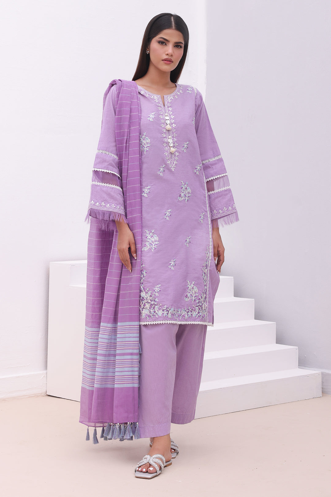 Zellbury | Unstitched 3 Piece Chambray | Embroidered Shirt Shalwar Dupatta - 0145 - Libasekhas