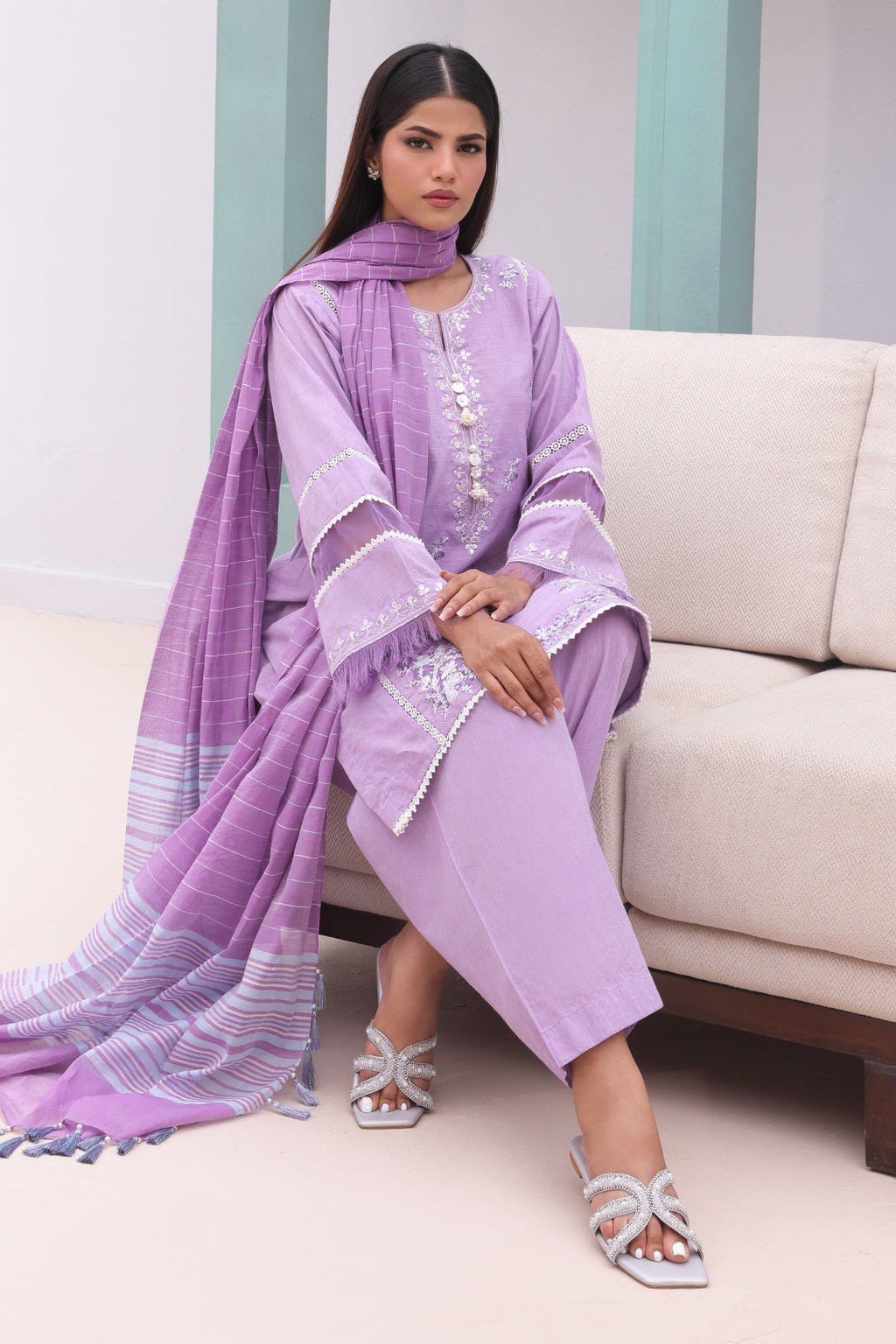 Zellbury | Unstitched 3 Piece Chambray | Embroidered Shirt Shalwar Dupatta - 0145 - Libasekhas