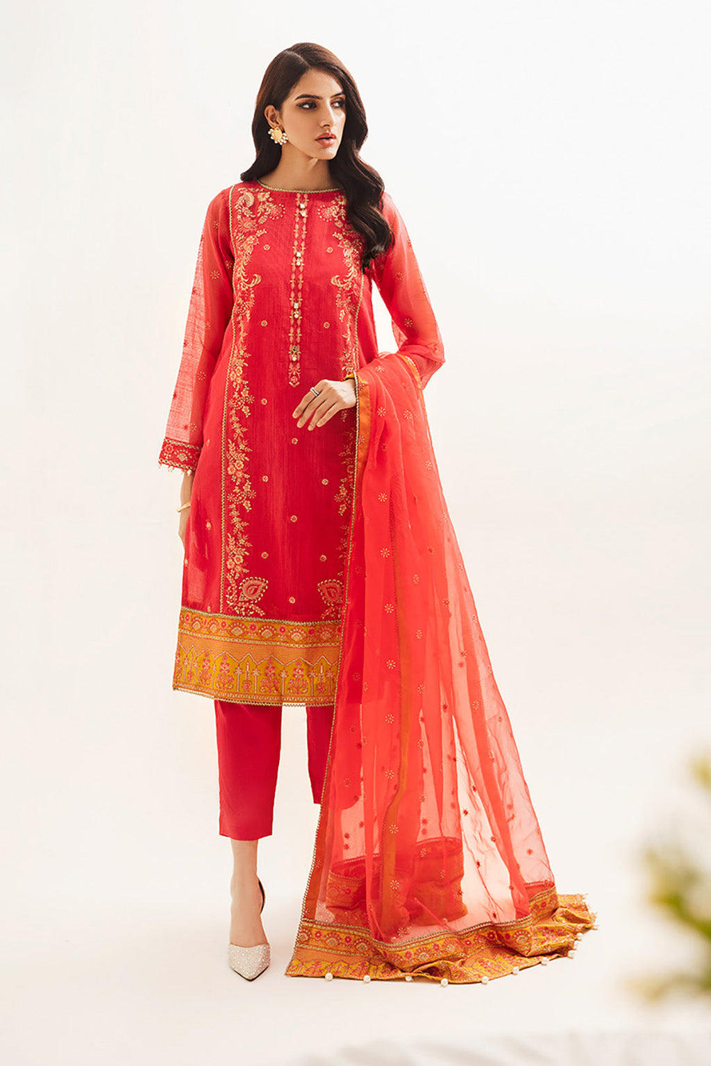Zellbury | Unstitched 3 Piece Organza | Embroidered Shirt Shalwar Dupatta - 0303 - Libasekhas