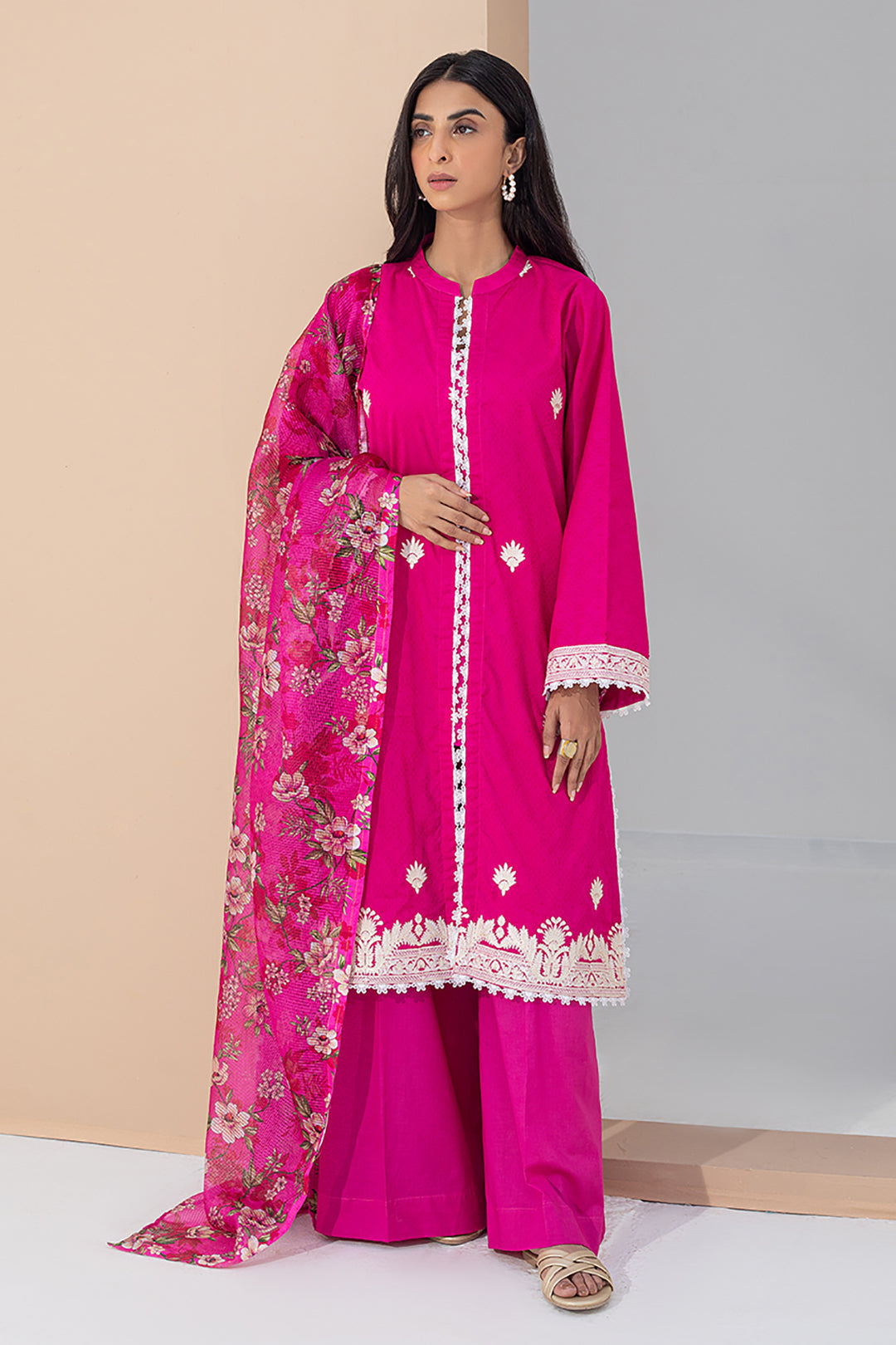 Zellbury | Unstitched 3 Piece Pink | Embroidered Shirt Shalwar Dupatta - 0365 - Libasekhas