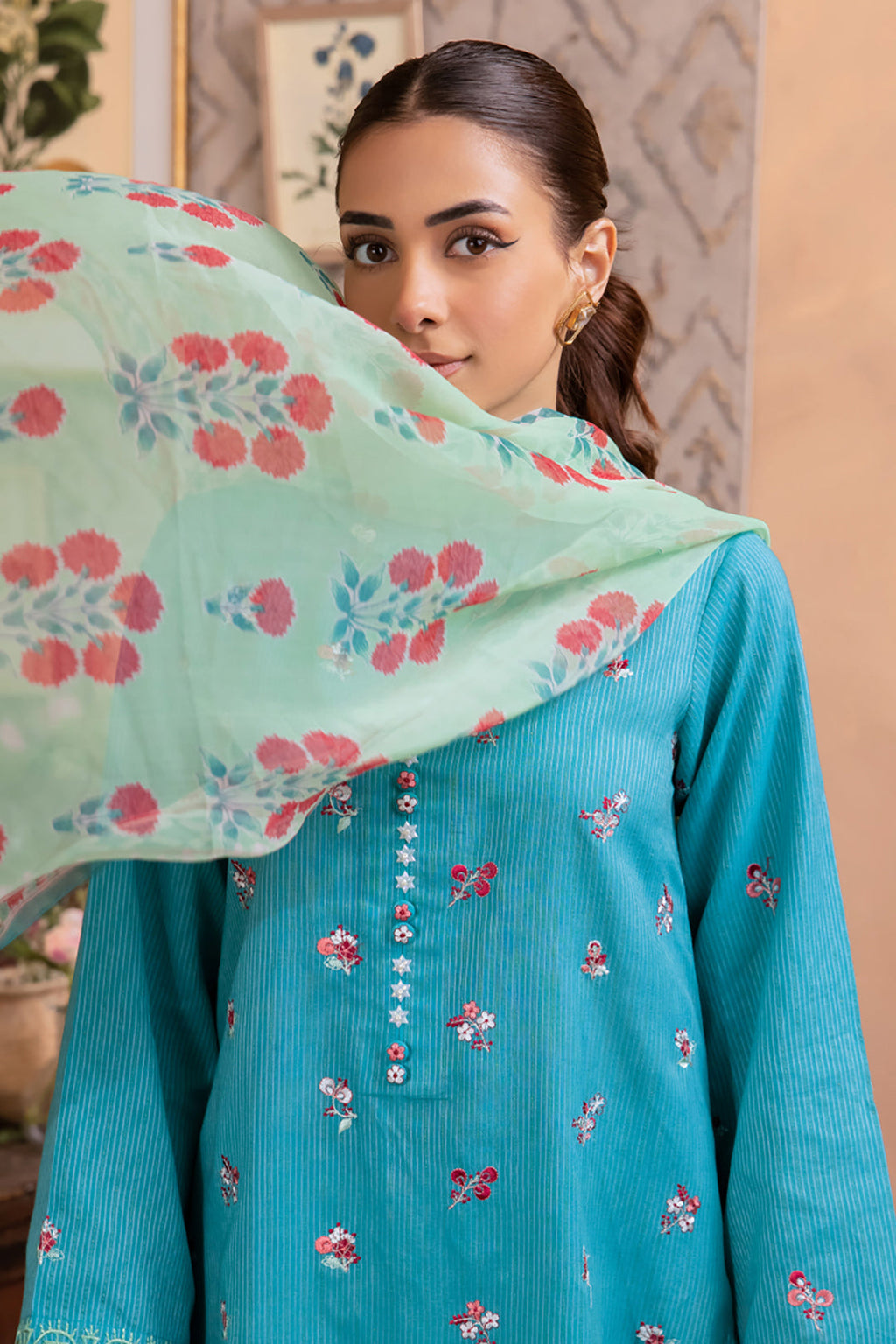 Zellbury | Unstitched 3 Piece Blue | Embroidered Shirt Shalwar Dupatta - 1115 - Libasekhas