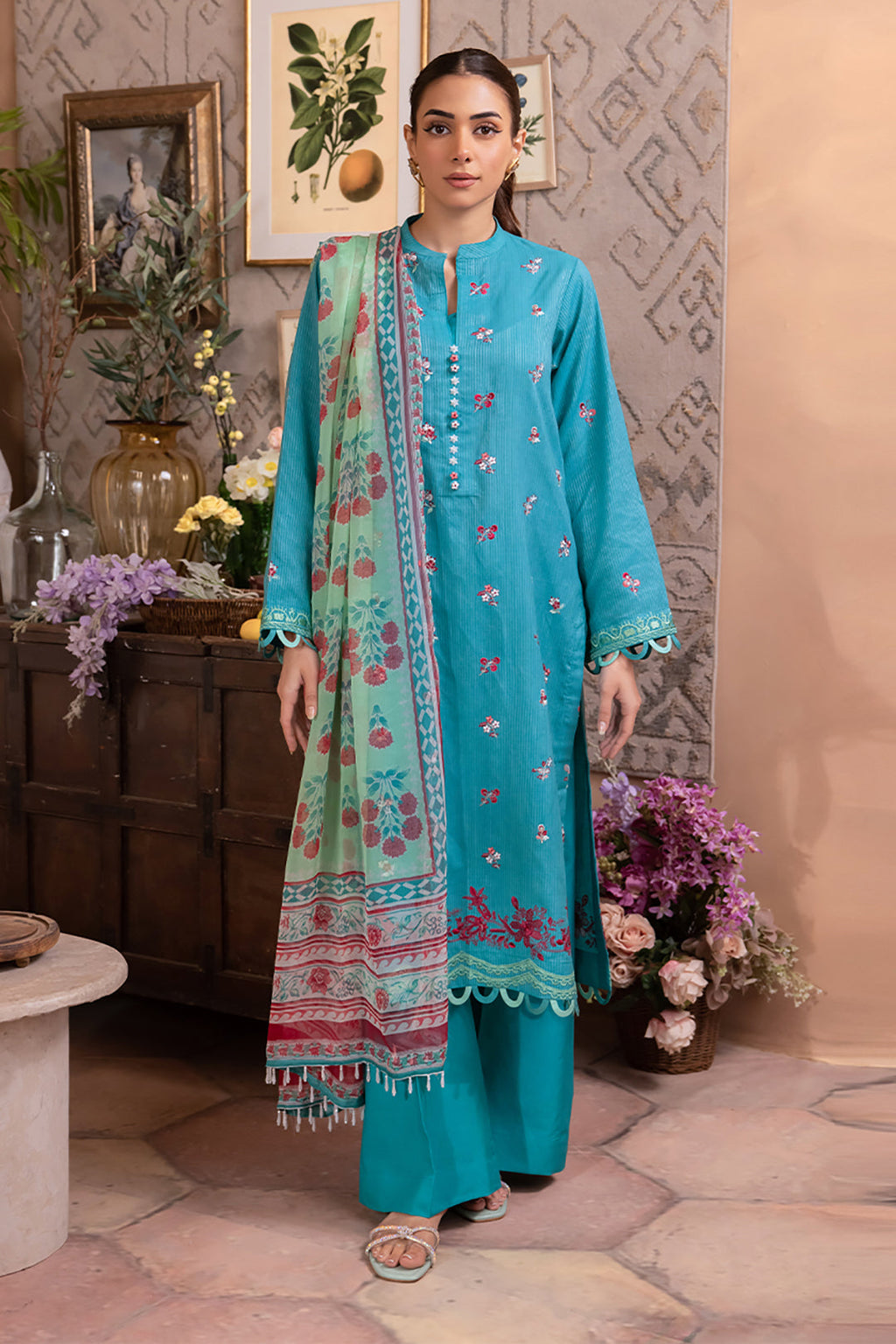 Zellbury | Unstitched 3 Piece Blue | Embroidered Shirt Shalwar Dupatta - 1115 - Libasekhas