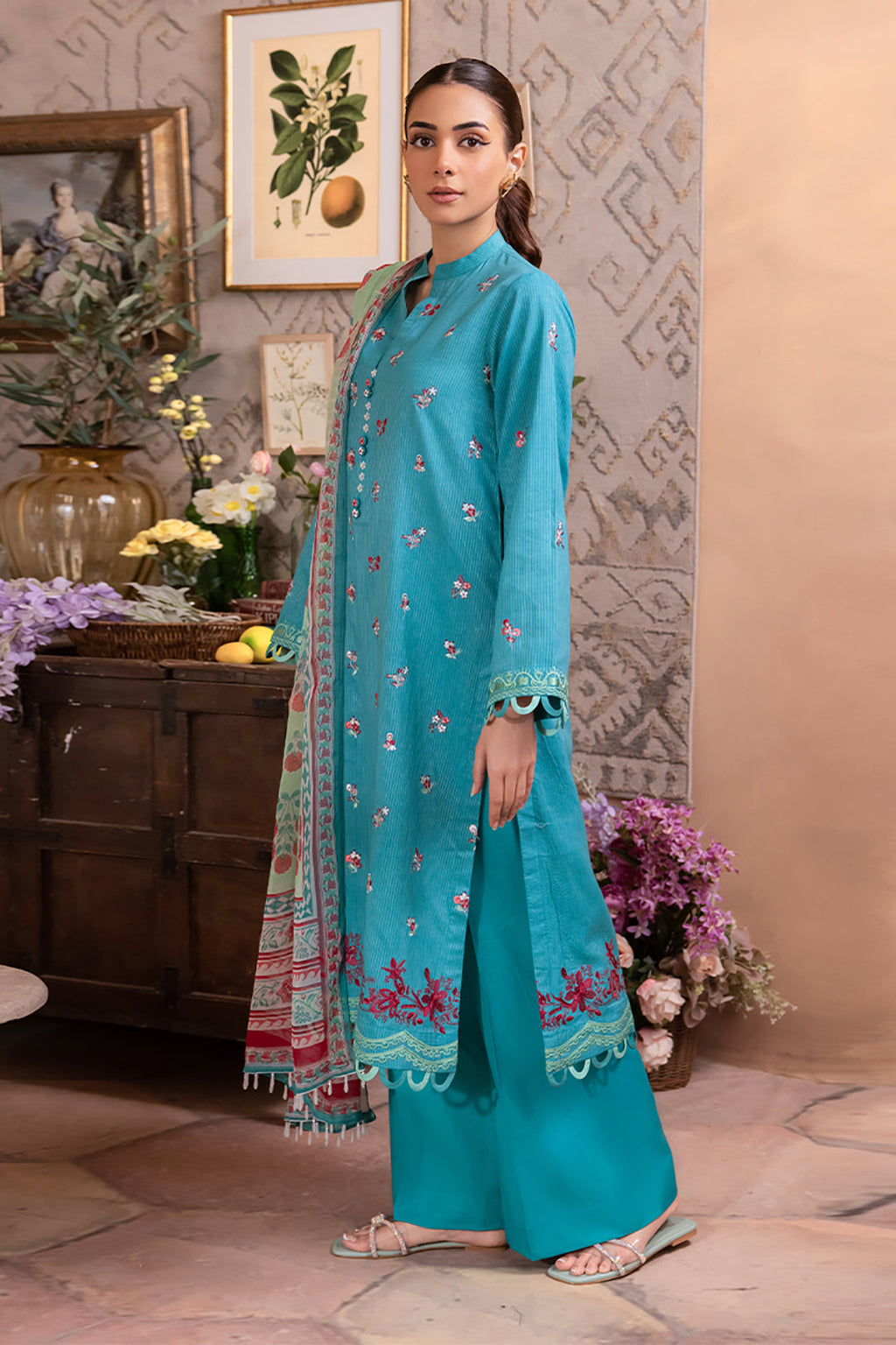 Zellbury | Unstitched 3 Piece Blue | Embroidered Shirt Shalwar Dupatta - 1115 - Libasekhas