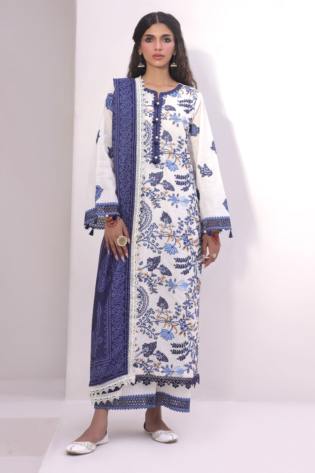 Zellbury | Unstitched 3 Piece Cambric | Embroidered Shirt Shalwar Dupatta - 1554 - Libasekhas
