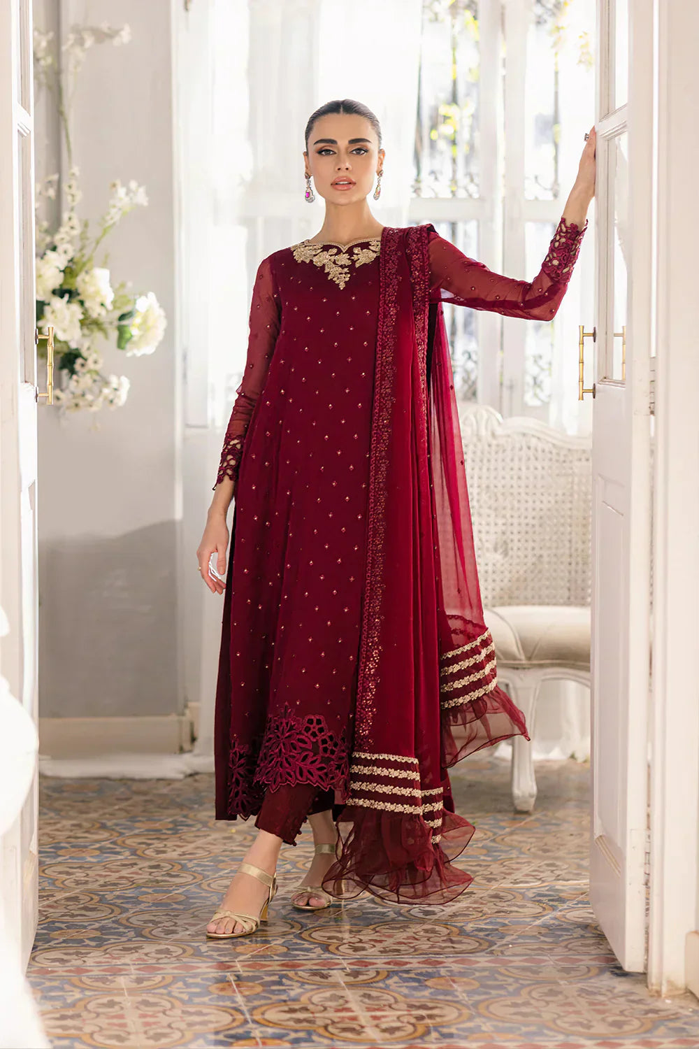 Azure | Ensembles Embroidered Formals | Garnet Glam - Riwayat-e-Khas