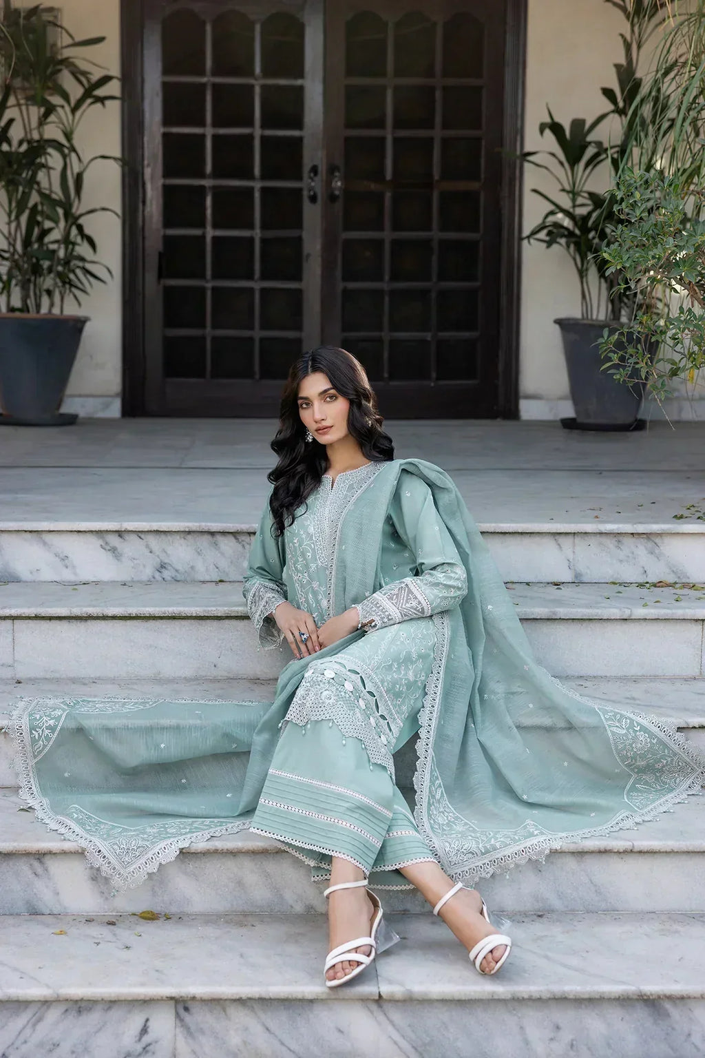 Farasha | Bahaar Embroidered Lawn | Aqua Pearl - House Of Anaya