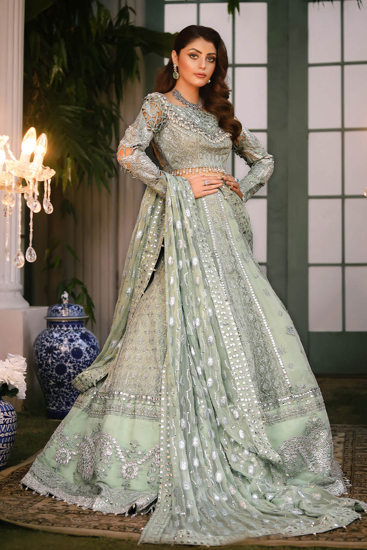 Raeesa Premium | Wajadan Wedding Formals | WD-2 Pea Green - House Of Anaya