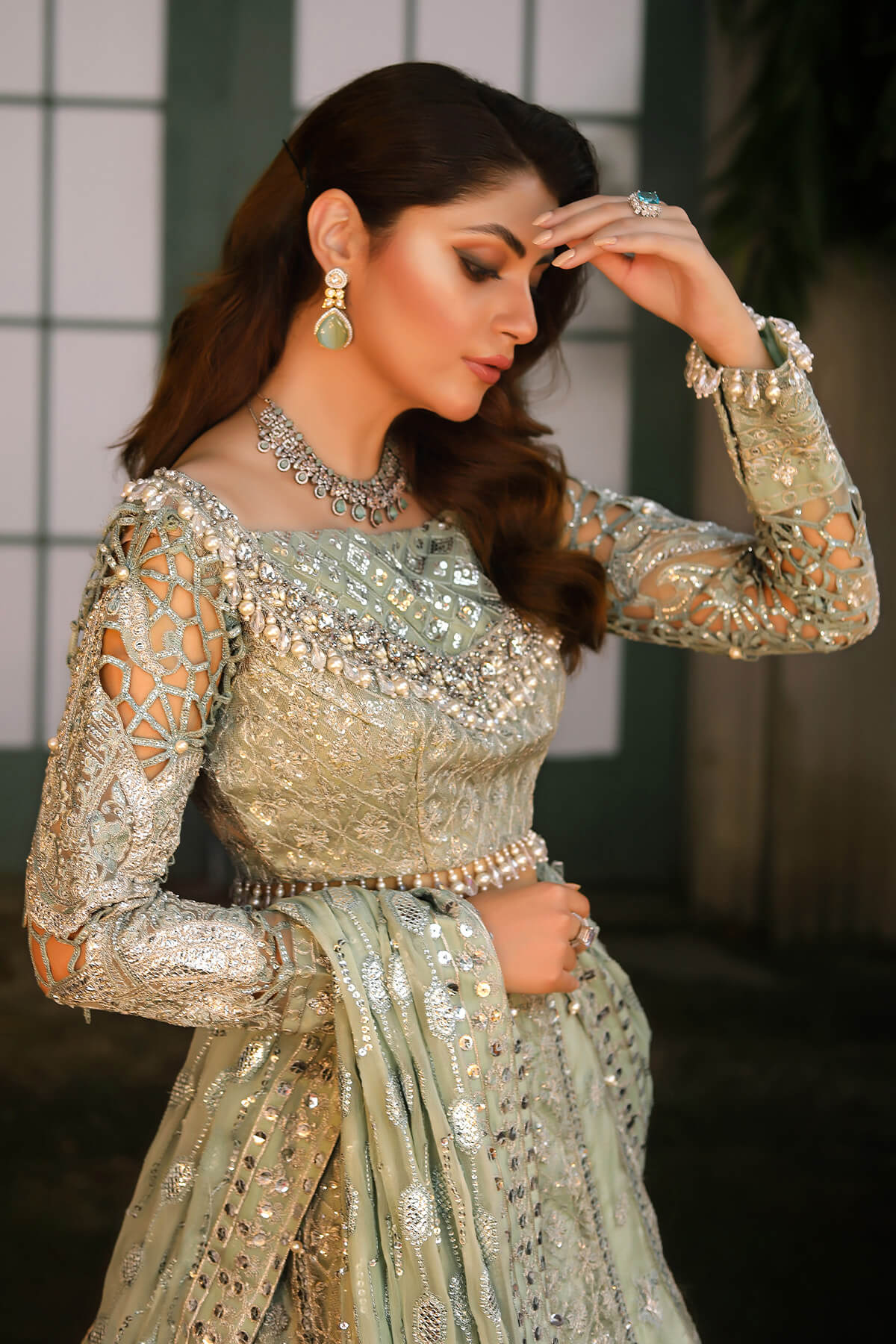 Raeesa Premium | Wajadan Wedding Formals | WD-2 Pea Green - House Of Anaya