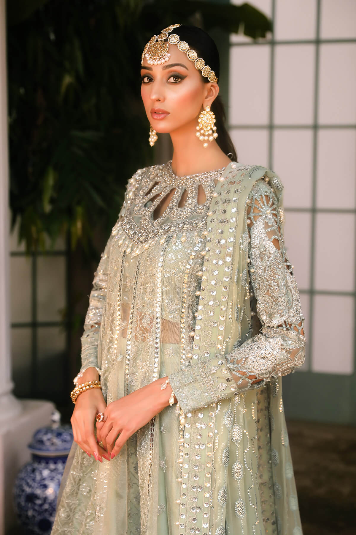 Raeesa Premium | Wajadan Wedding Formals | WD-2 Pea Green - House Of Anaya