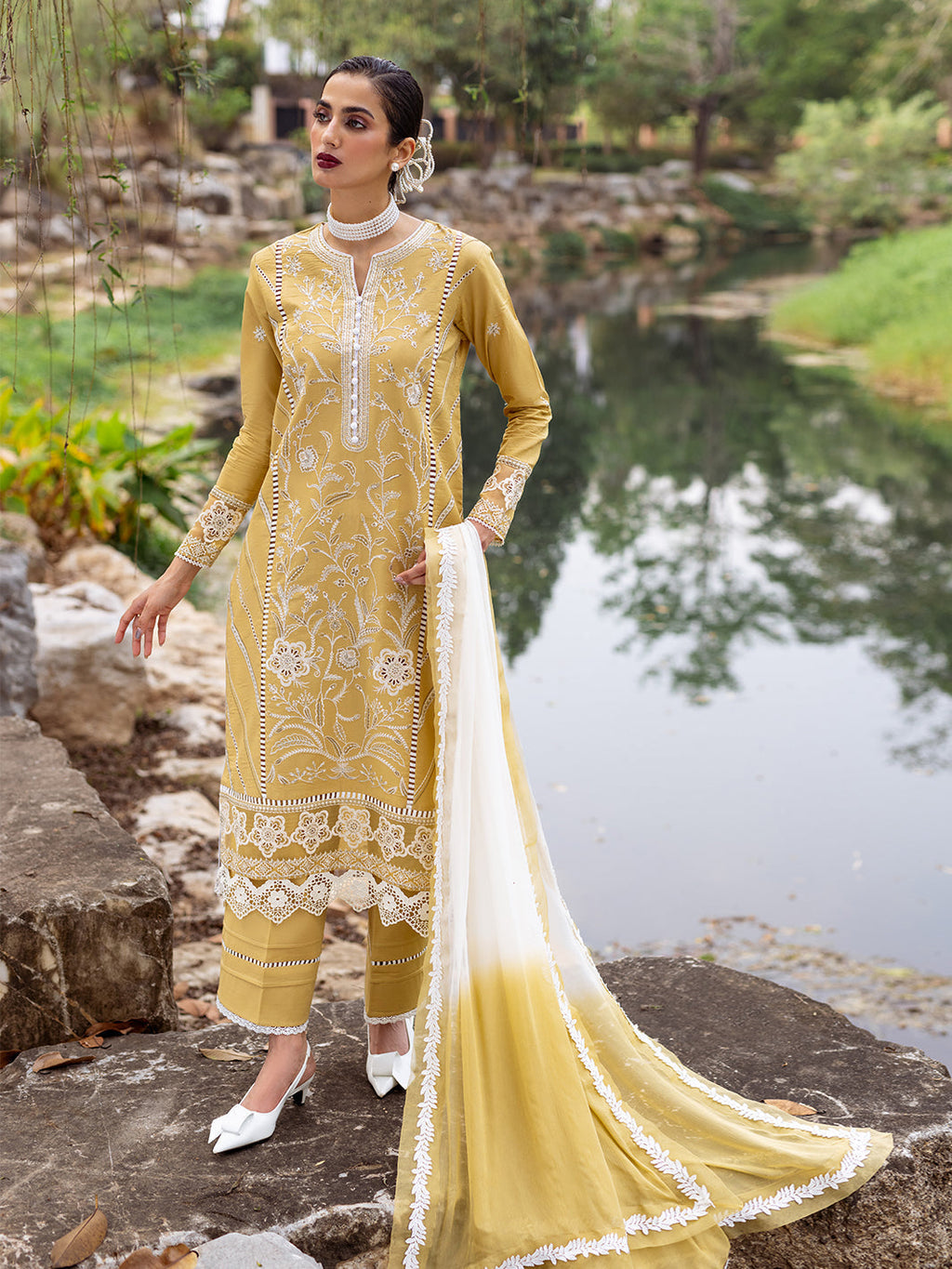 Roheenaz | Dahlia Embroidered Lawn 24 | Forsythia - Riwayat-e-Khas