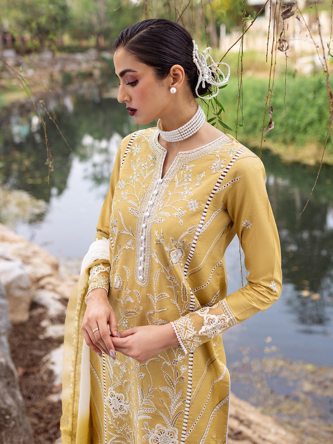 Roheenaz | Dahlia Embroidered Lawn 24 | Forsythia - Riwayat-e-Khas