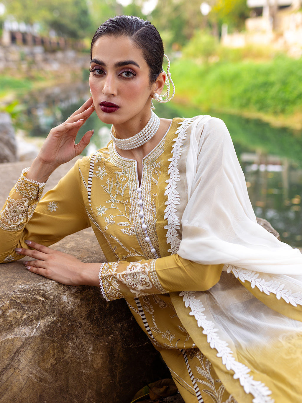 Roheenaz | Dahlia Embroidered Lawn 24 | Forsythia - Riwayat-e-Khas