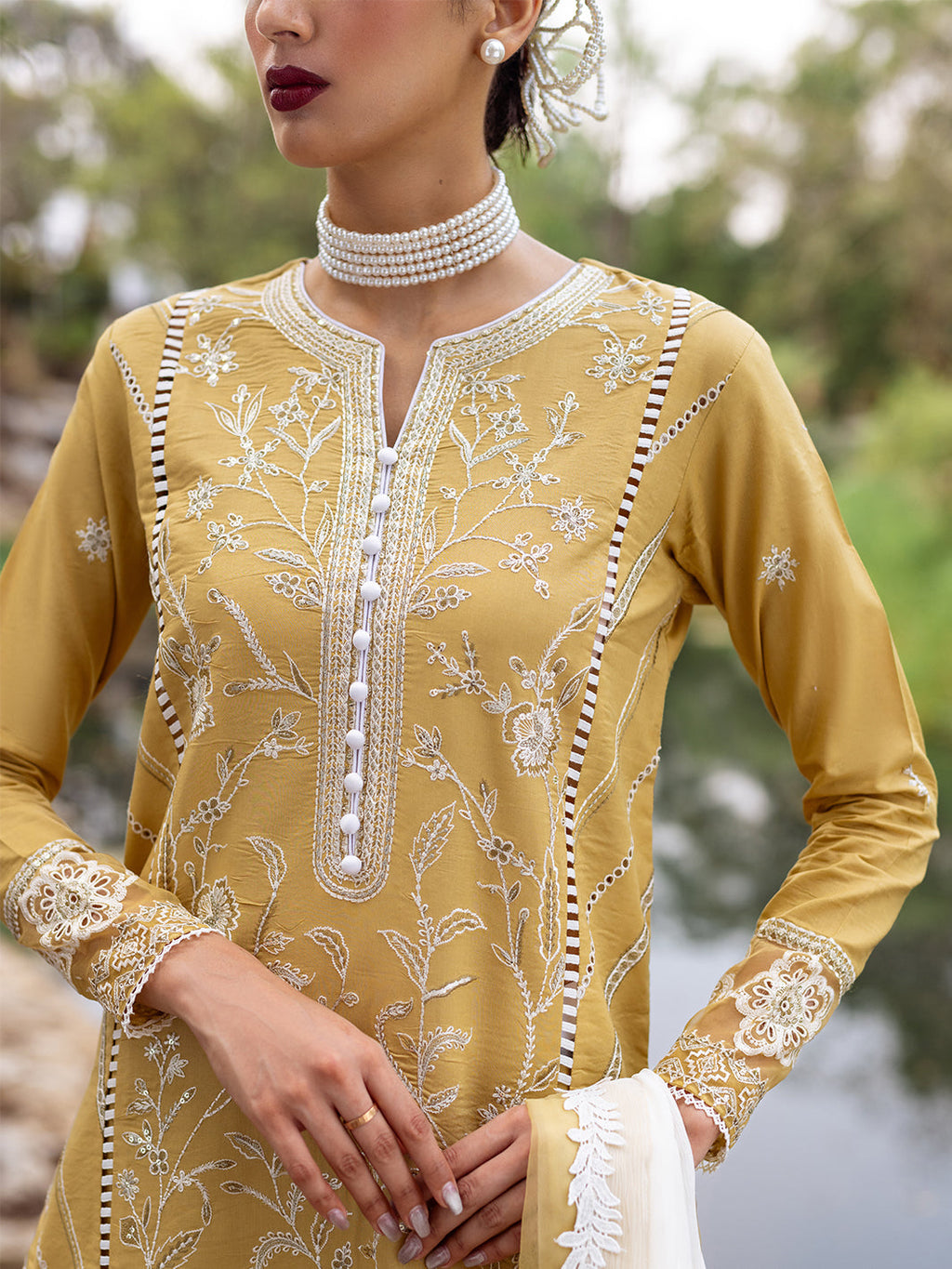 Roheenaz | Dahlia Embroidered Lawn 24 | Forsythia - Riwayat-e-Khas