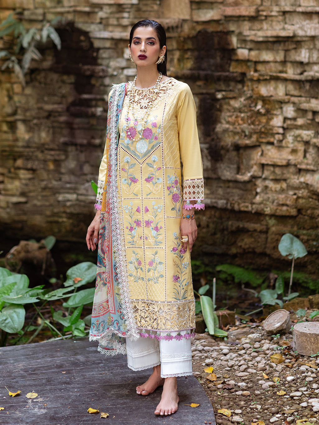 Roheenaz | Dahlia Embroidered Lawn 24 | Daffodil - Riwayat-e-Khas