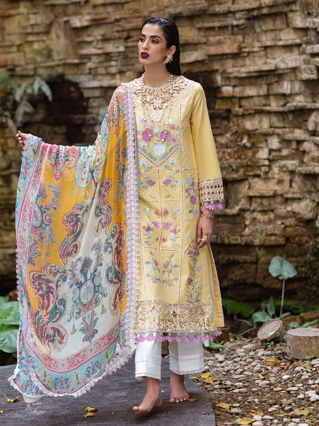 Roheenaz | Dahlia Embroidered Lawn 24 | Daffodil - Riwayat-e-Khas